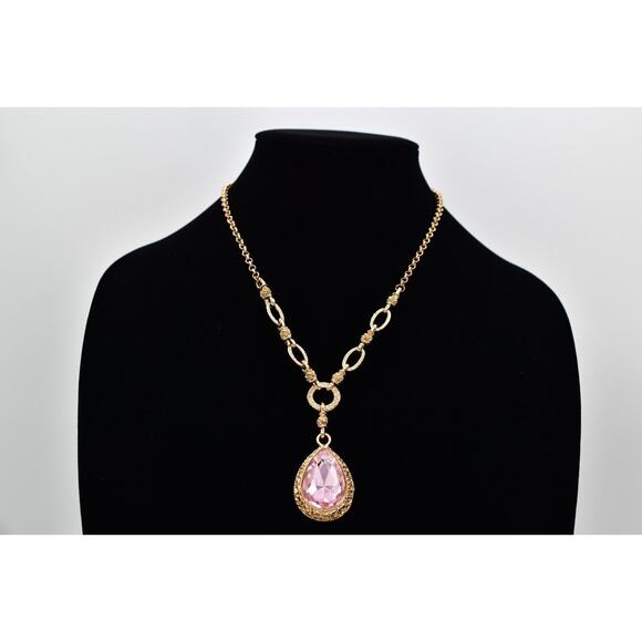 Pink Crystal Drop Statement Necklace Teardrop Shiny Chunky Gold Tone NOS Y2K - Picture 1 of 12